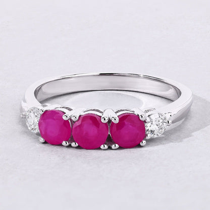 0.81 Ct Round Red Mozambique Ruby & Lab Diamond Prong Silver Five Stone Ring
