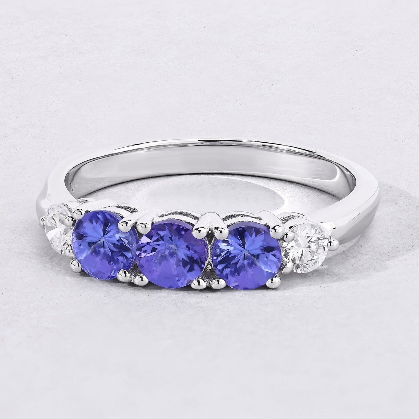 0.69 Ct Round Violet Tanzanite & Lab Diamond Prong Silver Five Stone Ring