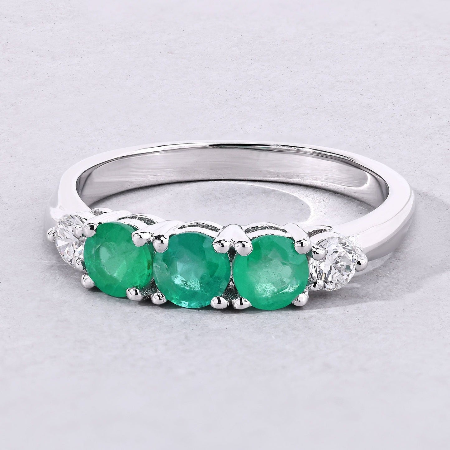 0.69 Ct Round Green Zambian Emerald & Lab Diamond Prong Silver Five Stone Ring