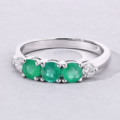 0.69 Ct Round Green Zambian Emerald & Lab Diamond Prong Silver Five Stone Ring