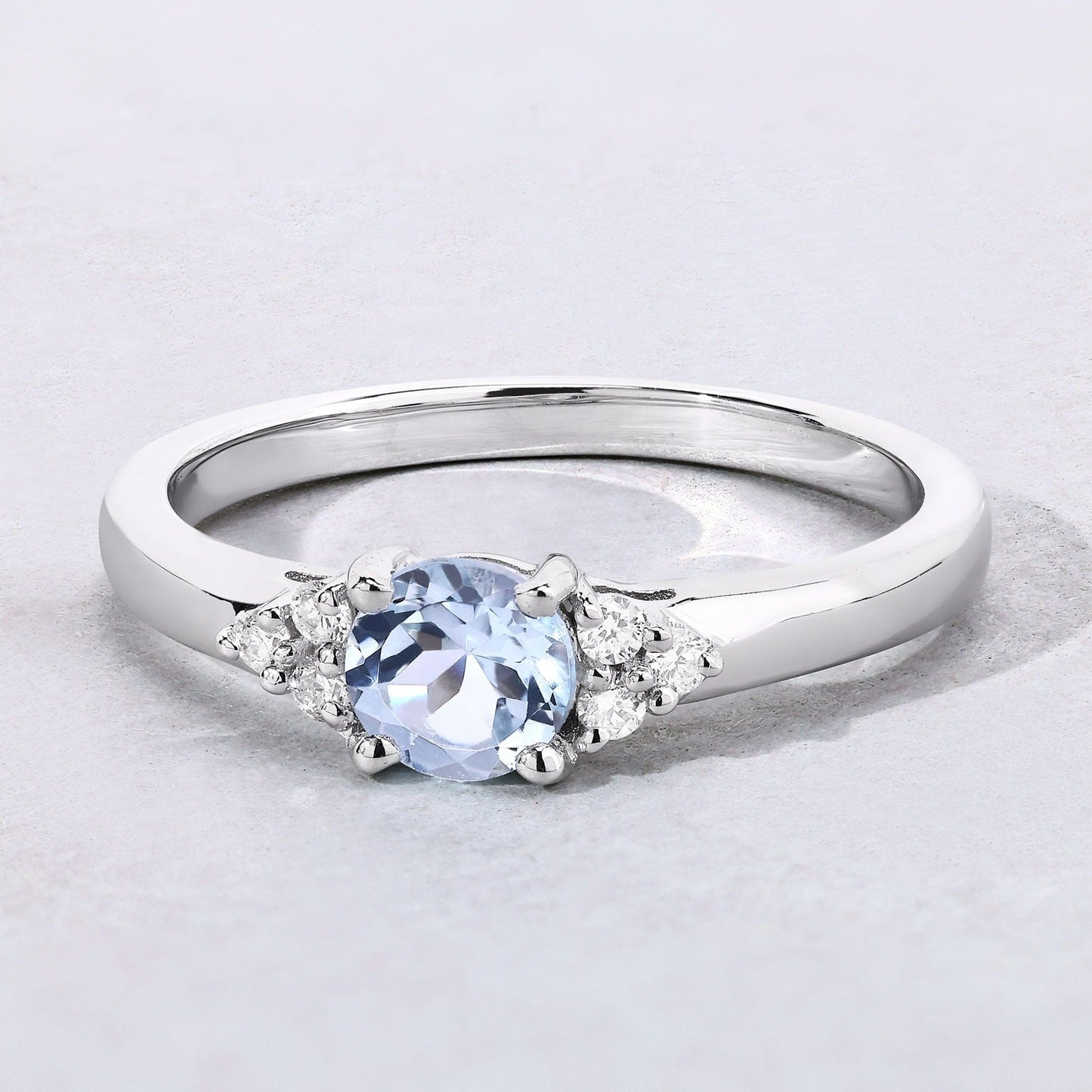 0.38 Ct Round Blue Aquamarine and Lab Diamond Prong Silver Cocktail Ring