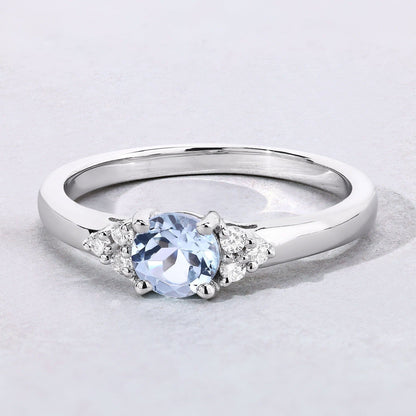 0.38 Ct Round Blue Aquamarine and Lab Diamond Prong Silver Cocktail Ring