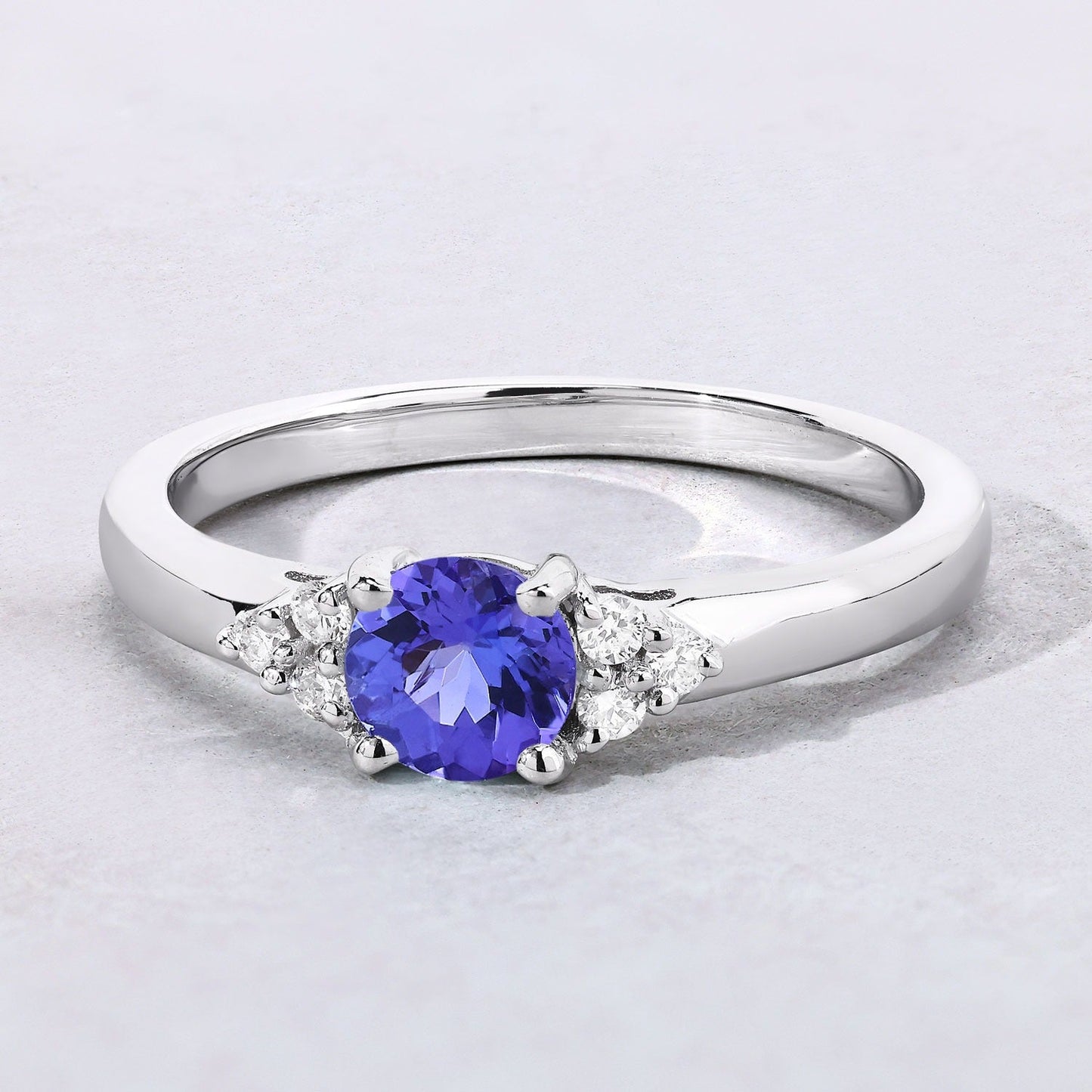 0.47 Ct Round Violet Tanzanite & Lab Diamond Prong Silver Cocktail Ring