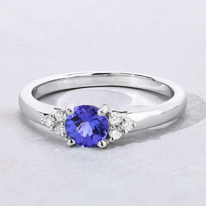 0.47 Ct Round Violet Tanzanite & Lab Diamond Prong Silver Cocktail Ring