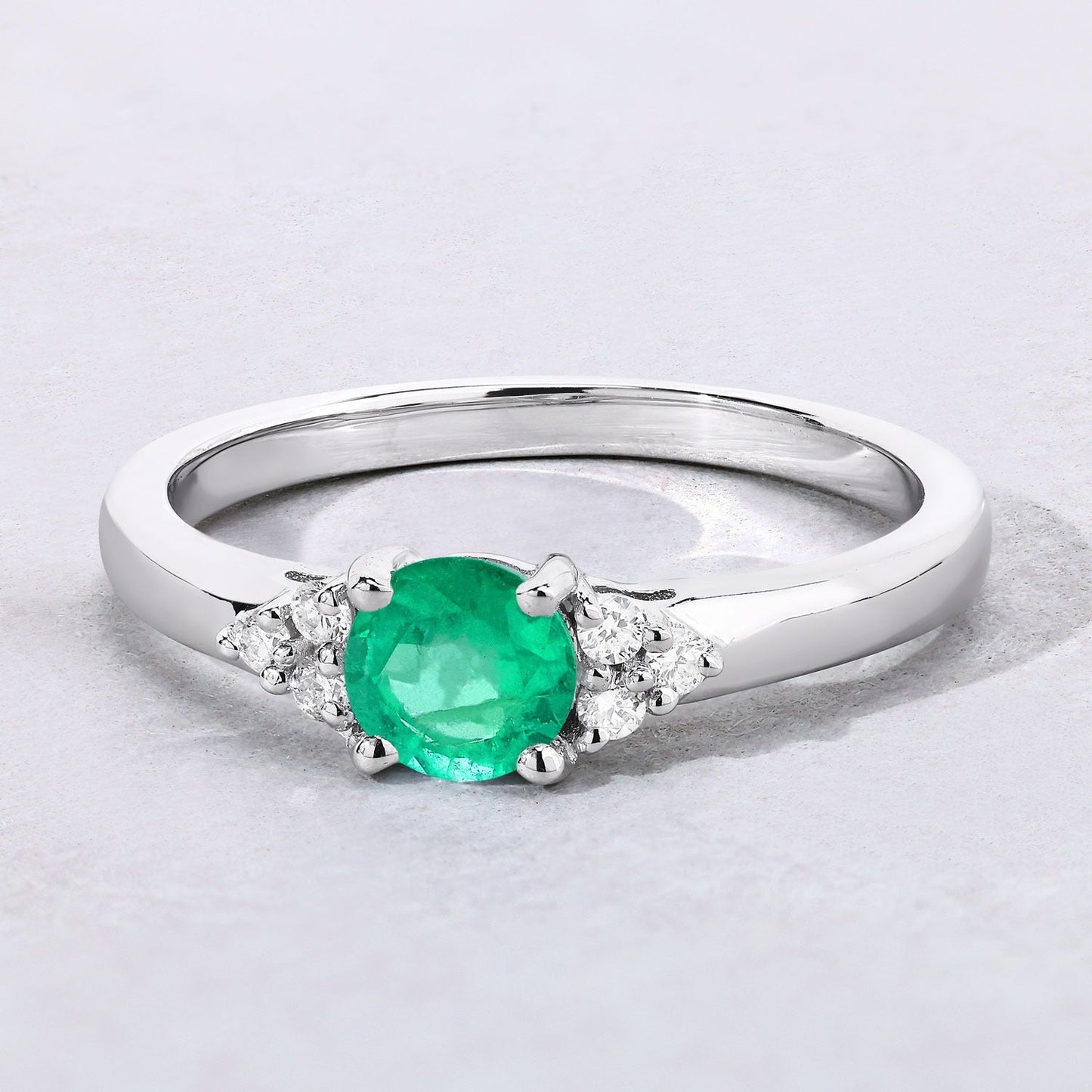 0.42 Ct Round Green Zambian Emerald and Lab Diamond Prong Silver Cocktail Ring