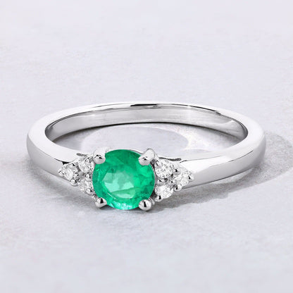 0.42 Ct Round Green Zambian Emerald and Lab Diamond Prong Silver Cocktail Ring