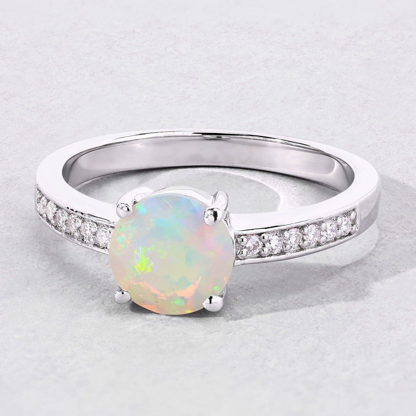 0.65 Ct Round White Ethiopian Opal & Lab Diamond Prong Silver Pave Bridge Ring