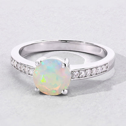 0.65 Ct Round White Ethiopian Opal & Lab Diamond Prong Silver Pave Bridge Ring