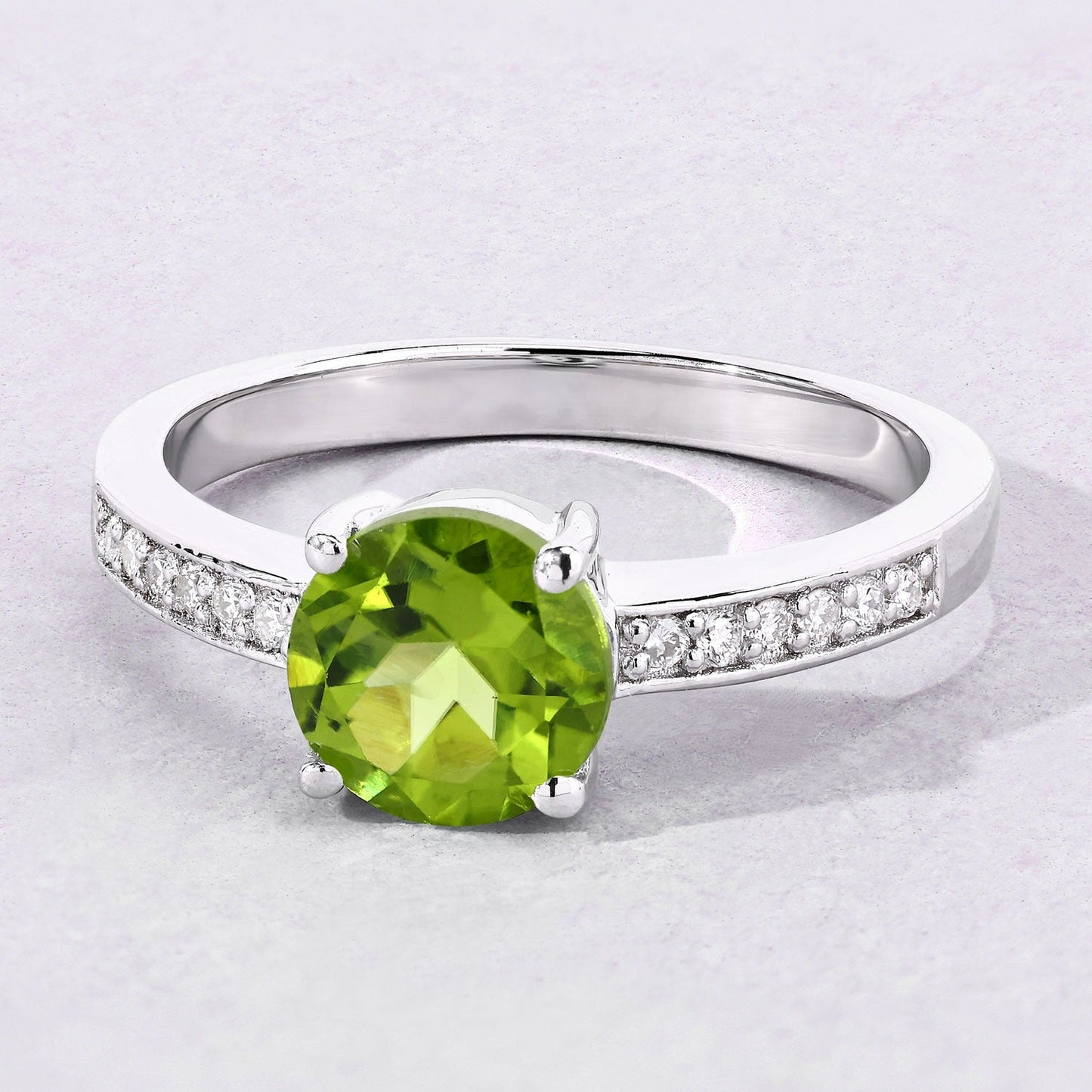 1.25 Ct Round Green Peridot & Lab Diamond Prong Silver Pave Bridge Ring