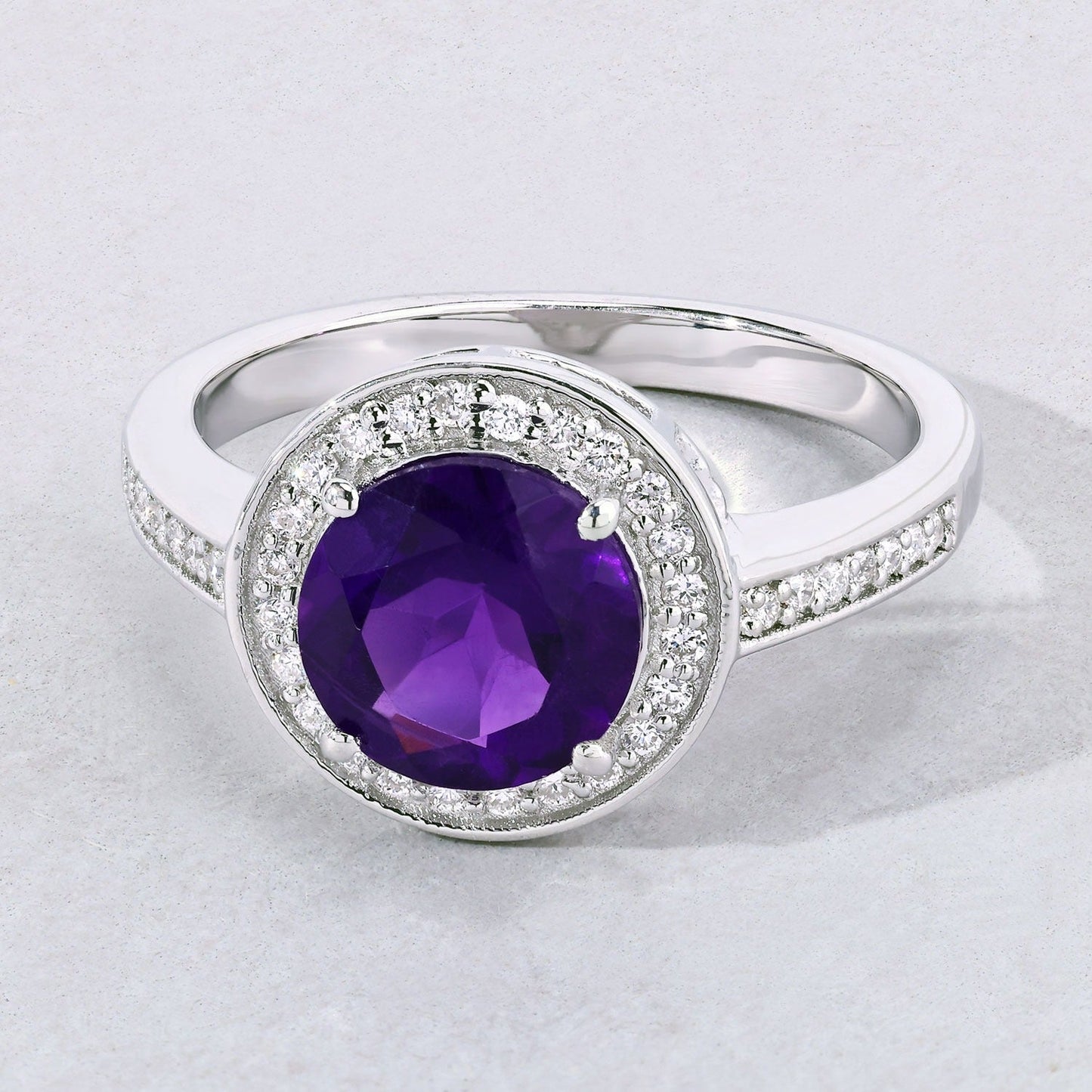 1.80 Ct Round Purple Amethyst & Lab Diamond Prong Silver Pave Halo Statement Ring