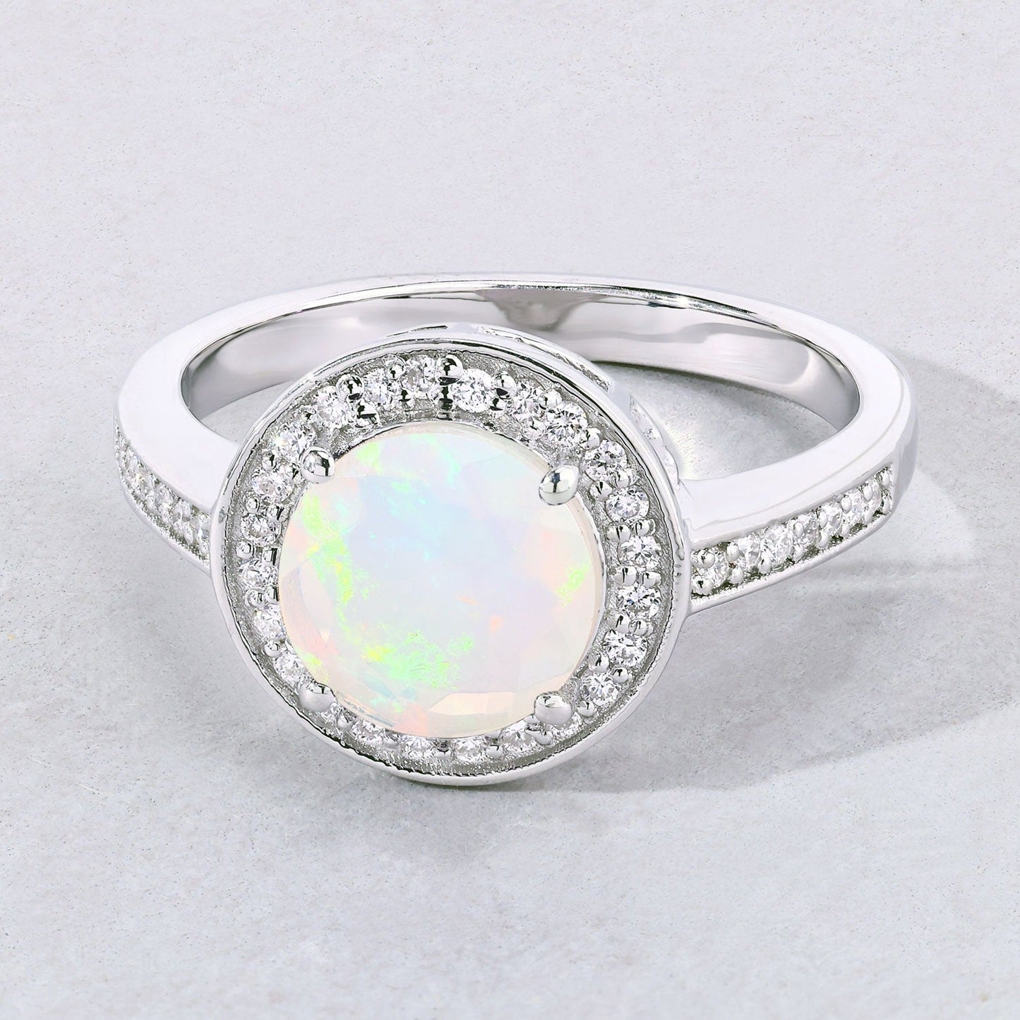 0.90 Ct Round White Ethiopian Opal Lab Diamond Prong Silver Pave Halo Ring