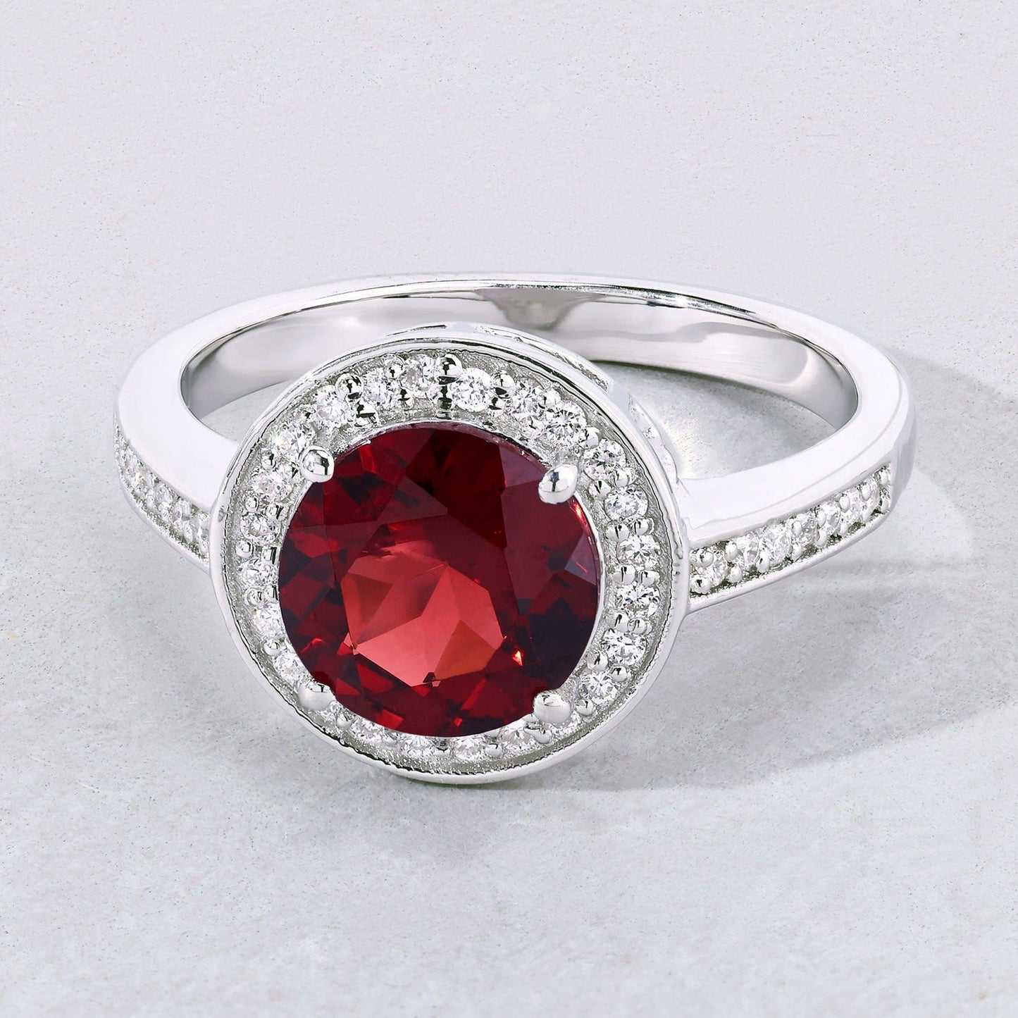 2.25 Ct Round Red Mozambique Garnet and Lab Diamond Prong Silver Pave Halo Ring