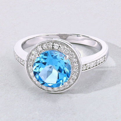 2.25 Ct Round Swiss Blue Topaz Lab Diamond Prong Silver Pave Halo Ring