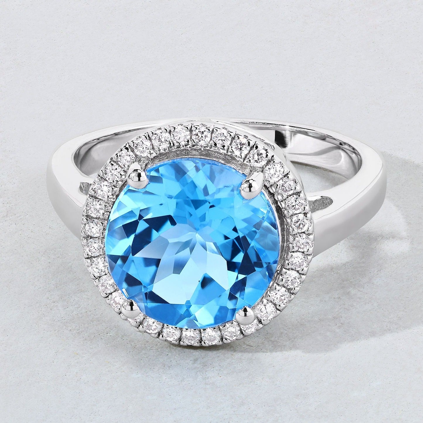 4 Ct Round Swiss Blue Topaz Lab Diamond Prong Silver Halo Ring