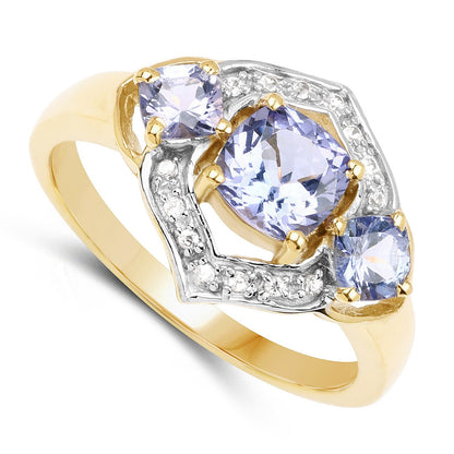 1.58 Ct Cushion Violet Tanzanite Prong Yellow Gold Plated Silver Halo Three Stone Ring