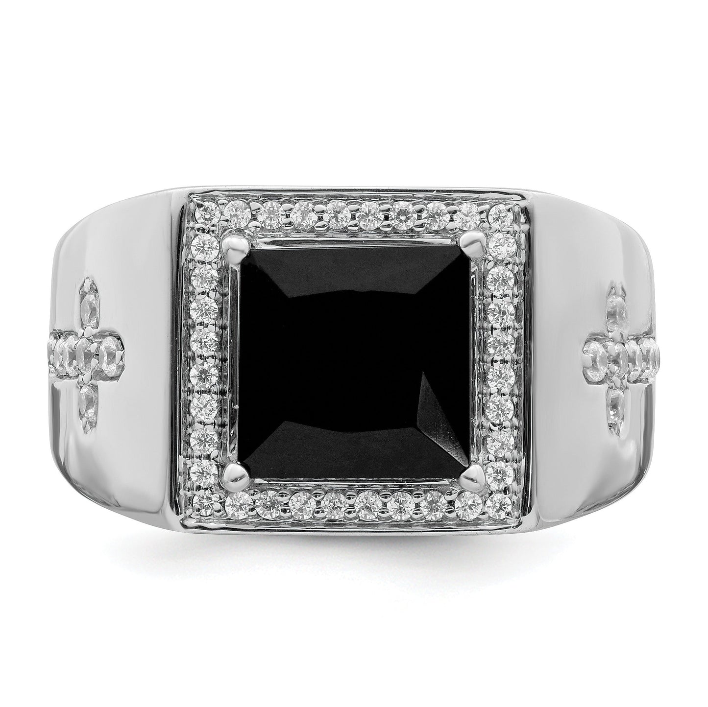 14k Gold 1/2 ct Lab Grown Diamond and Onyx Side Cross Square Men's Ring