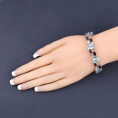 51.36 Cttw Multi-Color Gemstone Prong 925 Sterling Silver Link Bracelet