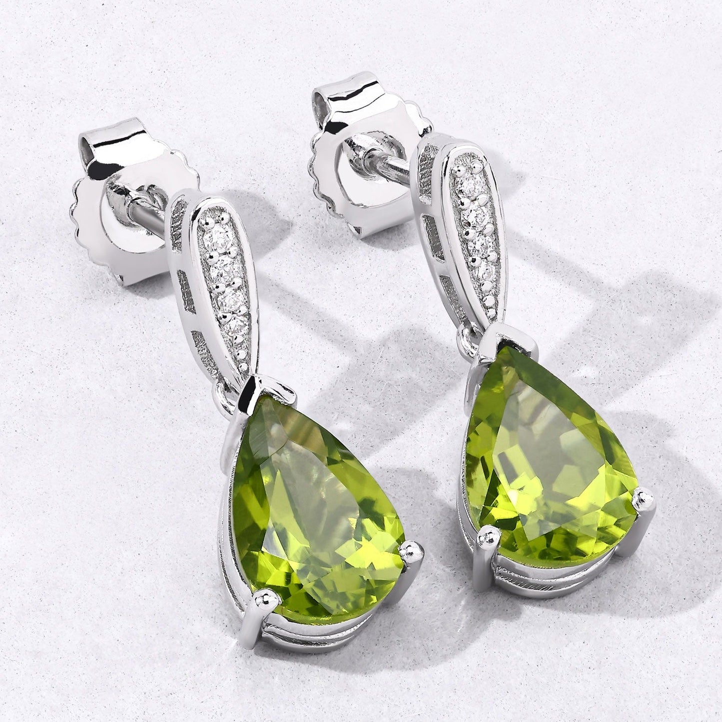 2.70 Ct Pear Green Peridot & Lab Diamond V-Prong Silver Teardrop Dangle Earrings