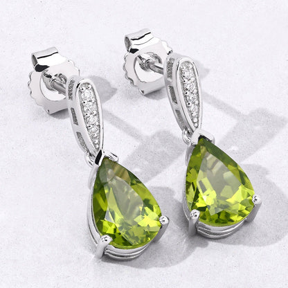 2.70 Ct Pear Green Peridot & Lab Diamond V-Prong Silver Teardrop Dangle Earrings