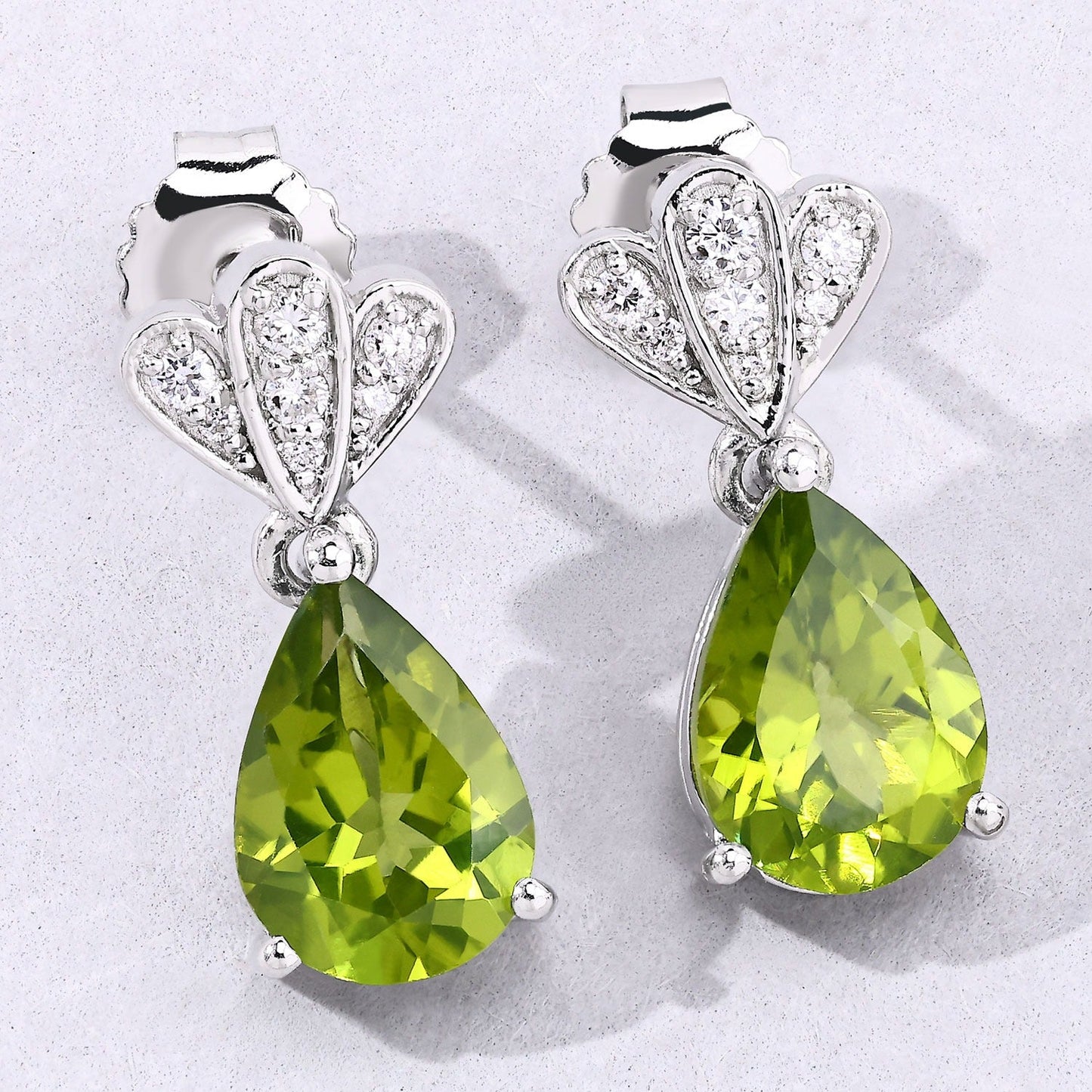 2.70 Ct Pear Green Peridot & Lab Diamond Prong Silver Teardrop Dangle Earrings