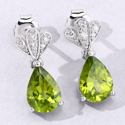 2.70 Ct Pear Green Peridot & Lab Diamond Prong Silver Teardrop Dangle Earrings