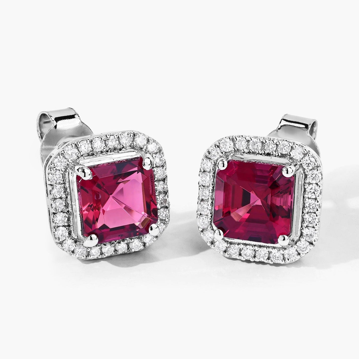 2.48 Ct Octagon Red Rubellite & Lab Diamond Prong 14K Gold Stud Earrings