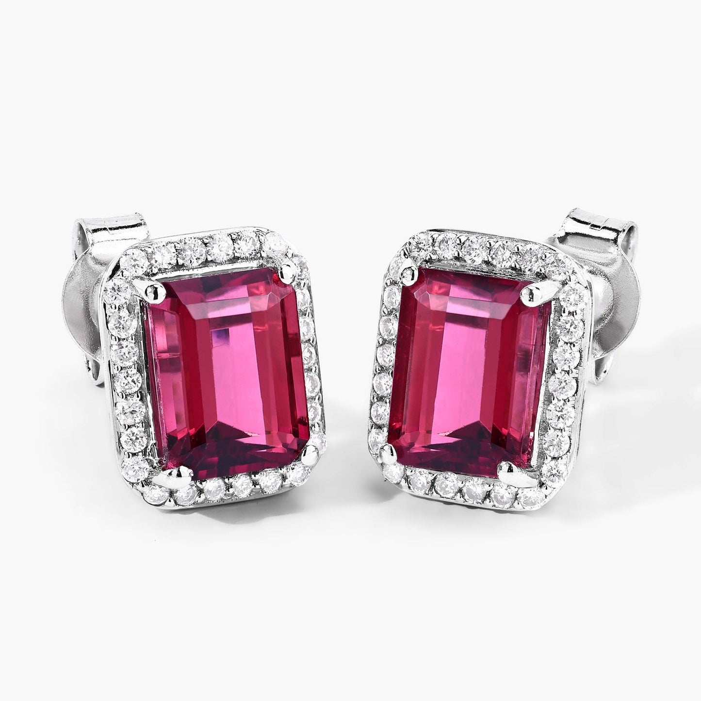 2.84 Ct Octagon Red Rubellite & Lab Diamond Prong 14K Gold Stud Earrings