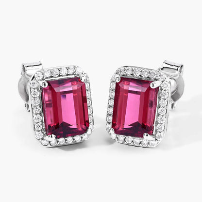 2.84 Ct Octagon Red Rubellite & Lab Diamond Prong 14K Gold Stud Earrings
