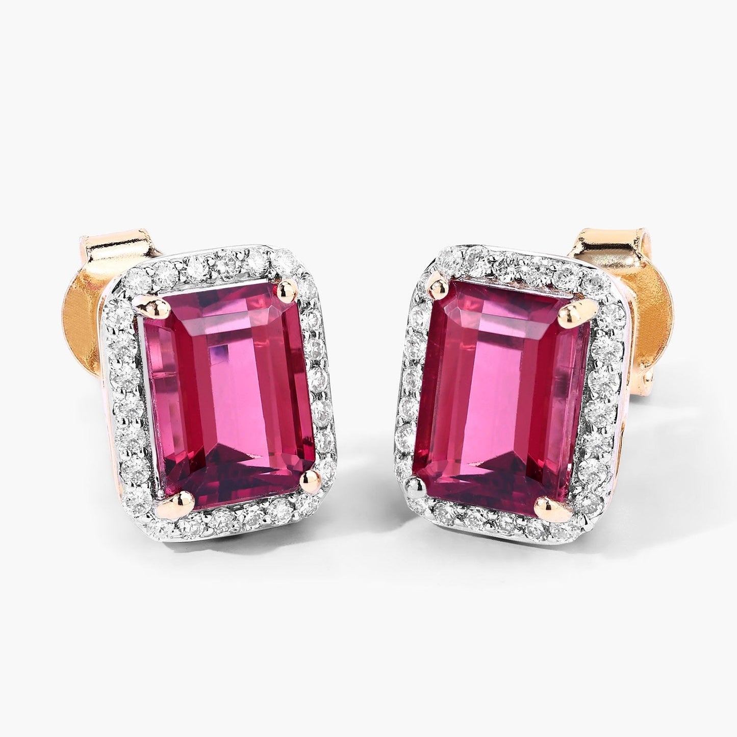 2.84 Ct Octagon Red Rubellite & Lab Diamond Prong 14K Gold Stud Earrings