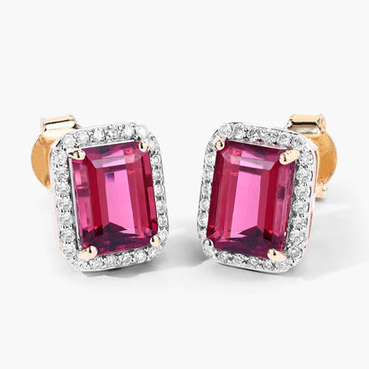 2.84 Ct Octagon Red Rubellite & Lab Diamond Prong 14K Gold Stud Earrings