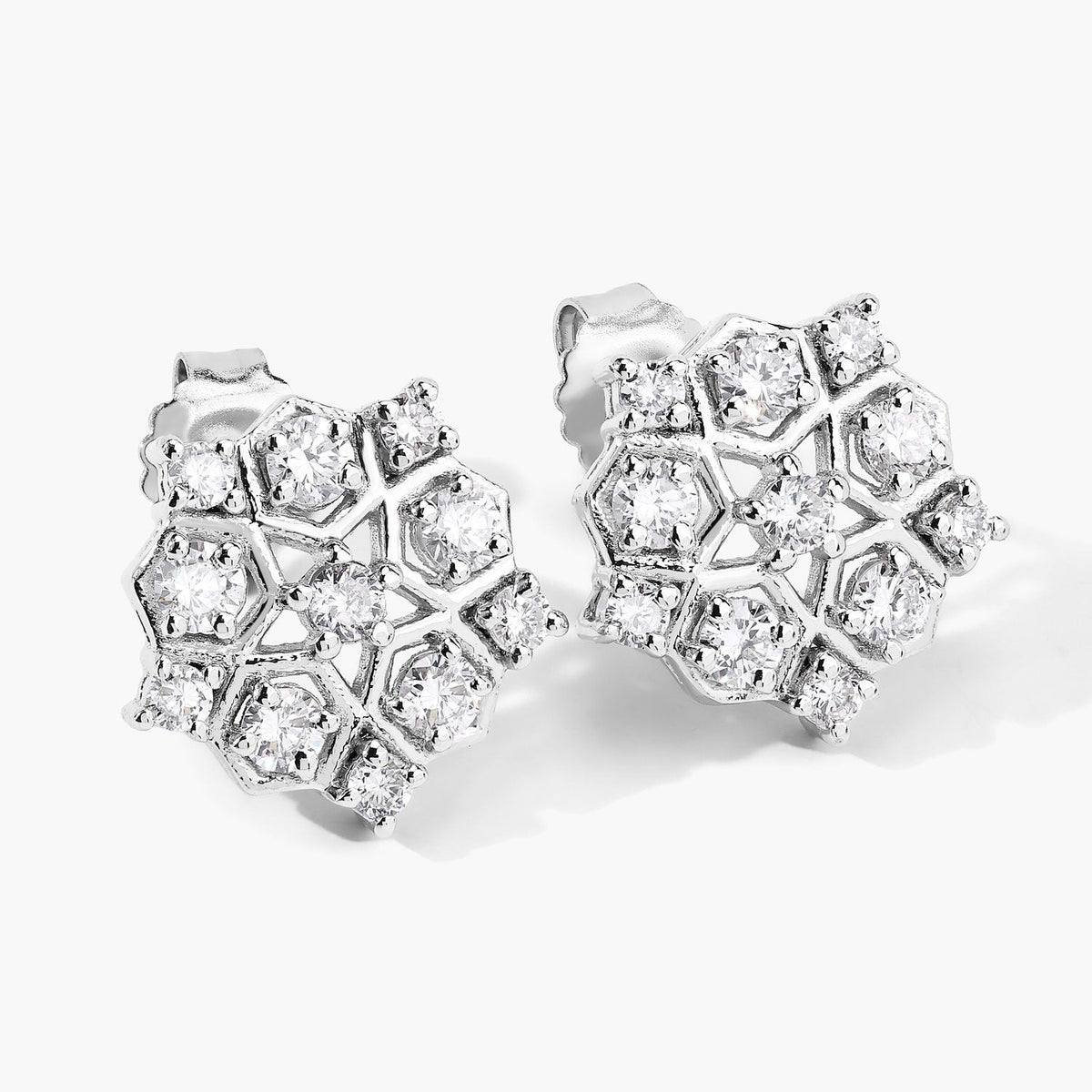 1.00 Cttw Round White Lab Diamond Prong Rhodium Plated Silver Hexagon Cluster Stud Earrings