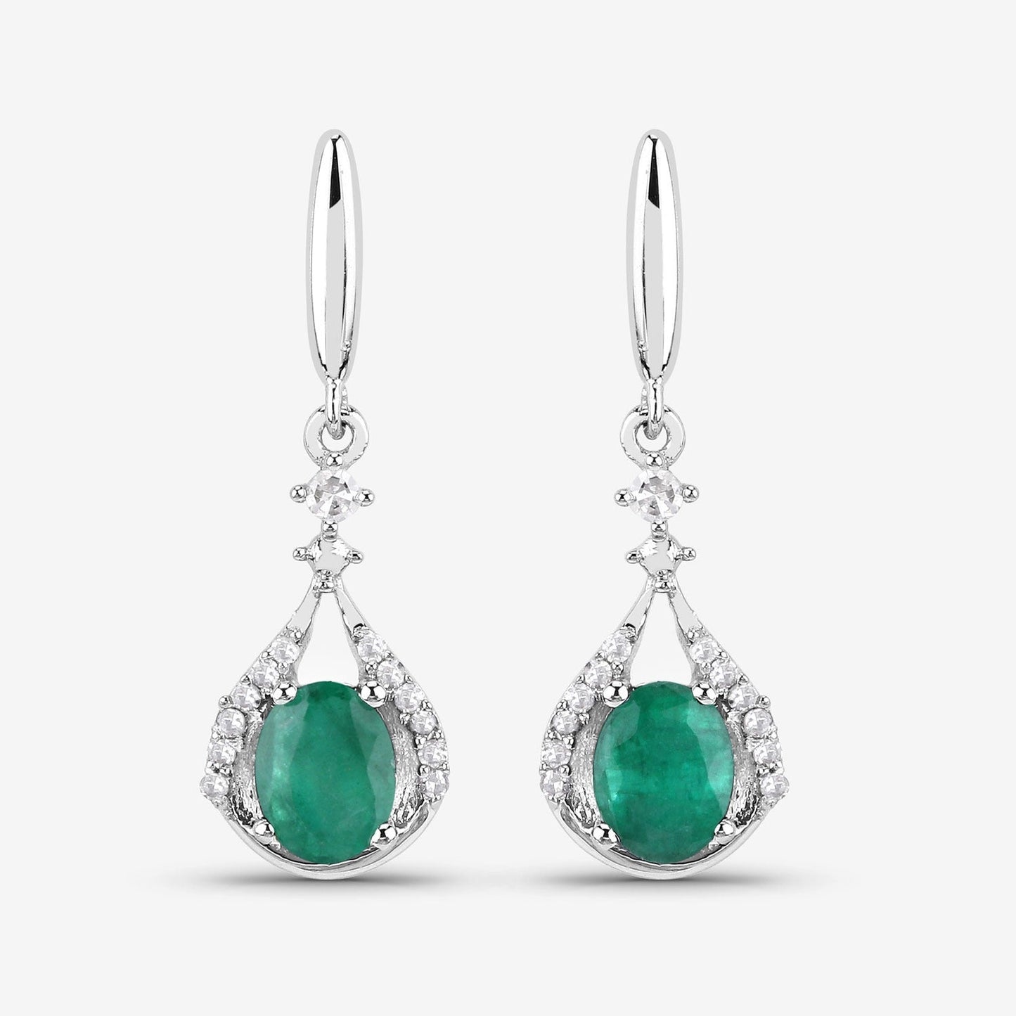 0.60 Ct Oval Green Zambian Emerald & Diamond Prong 14K White Gold Drop Dangle Earrings