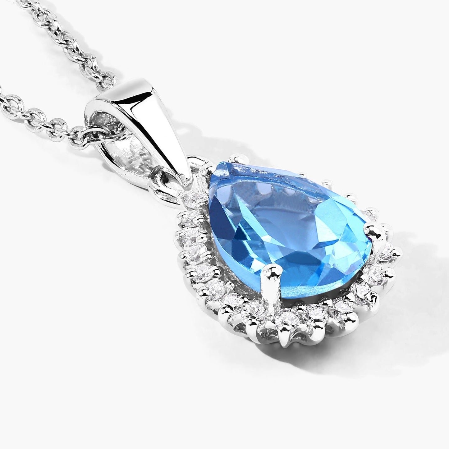 1.90 Ct pear Swiss Blue Topaz and Lab Diamond prong Silver Halo teardrop pendant Necklace
