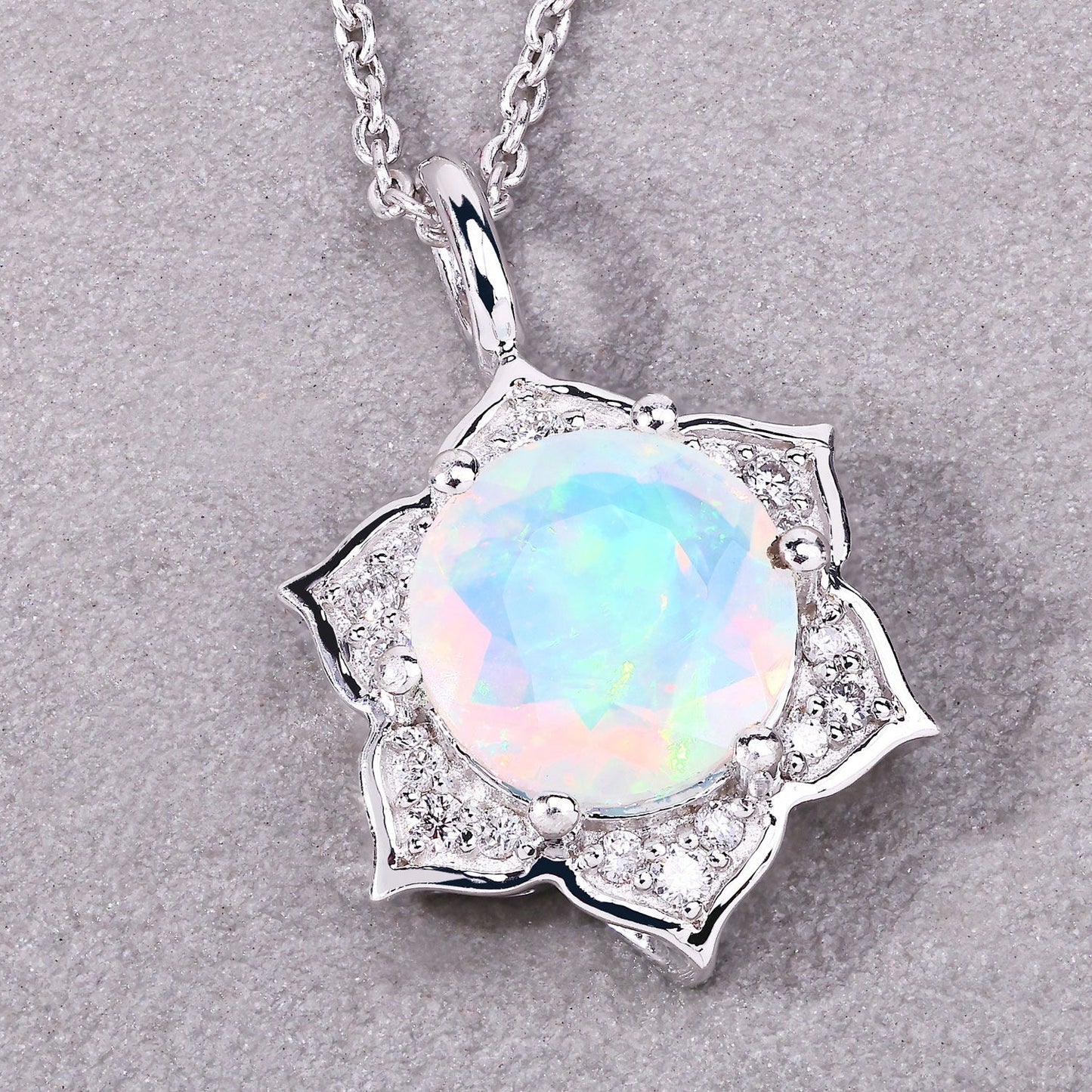 0.90 Ct round white Ethiopian Opal and Lab Diamond prong Silver flower pendant Necklace