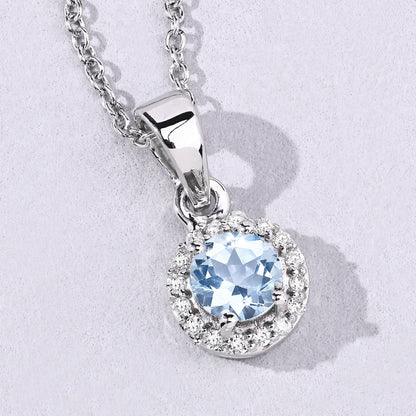 0.38 Ct round blue Aquamarine & Lab Diamond prong Silver Halo pendant Necklace