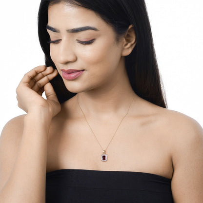 Red Genuine Rubellite and White Diamond 14K Yellow Gold Halo Pendant