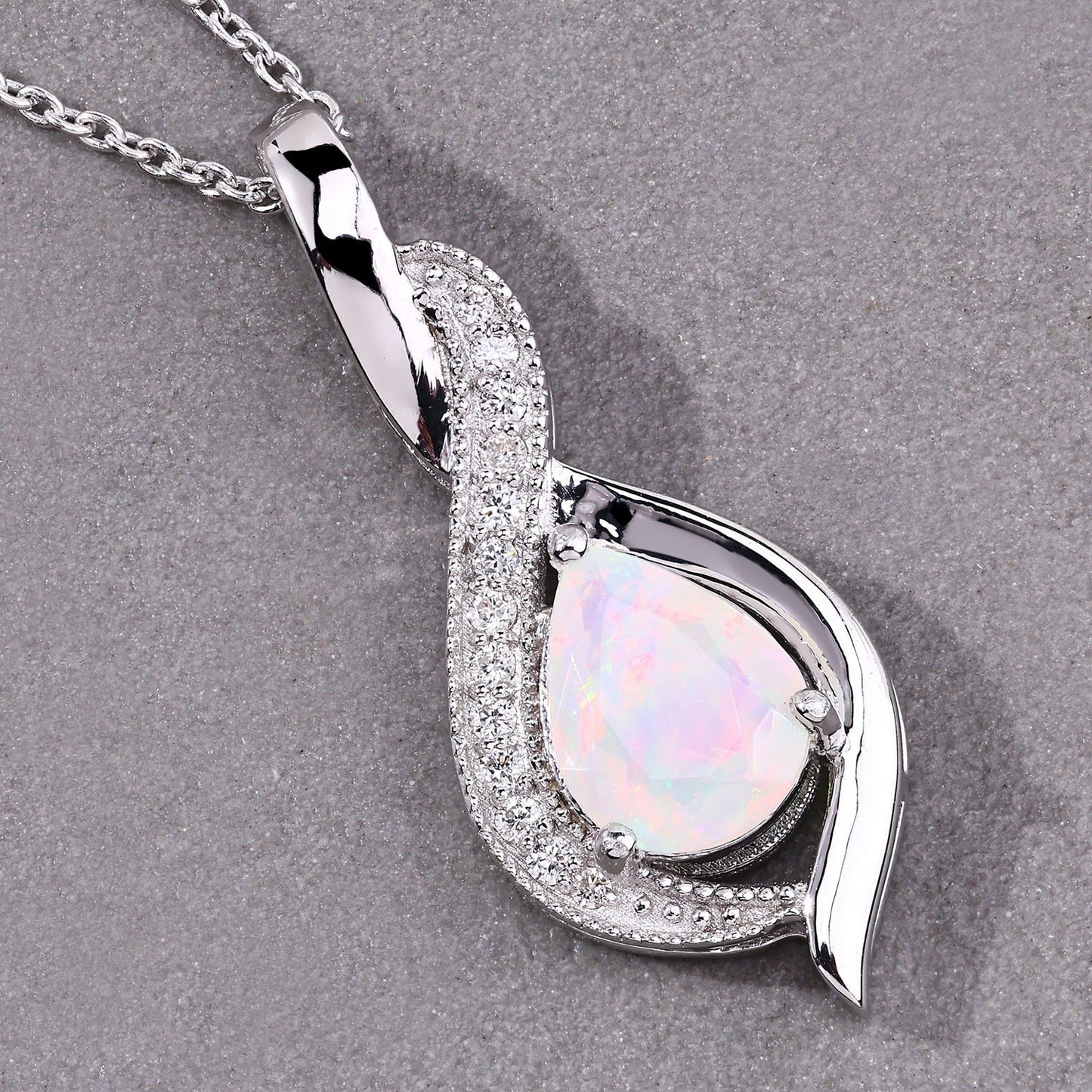 0.90 Ct Pear White Ethiopian Opal & Lab Diamond Prong Silver Teardrop Crossover Pendant Necklace