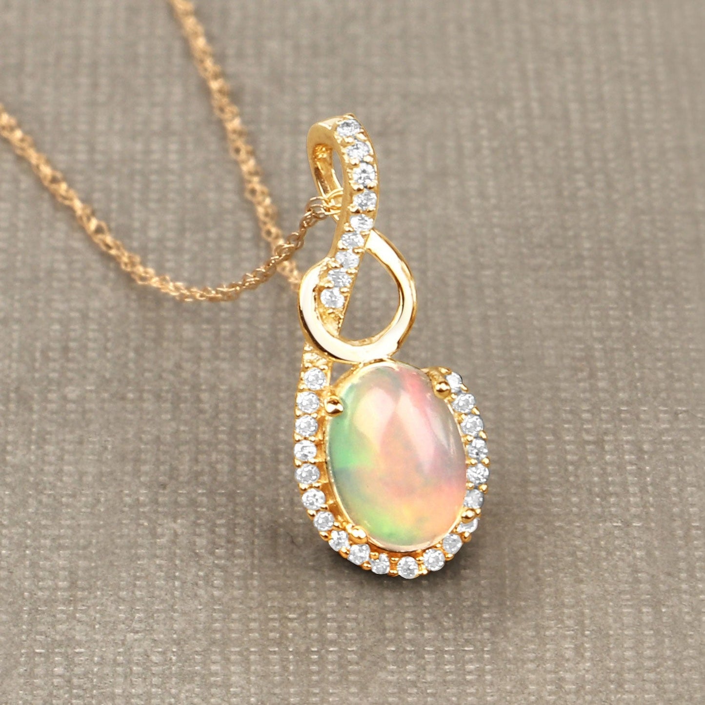 0.48 Ct Oval White Opal & Diamond Prong 14K Gold Plated Silver Crossover Pendant Necklace