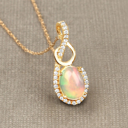 0.48 Ct Oval White Opal & Diamond Prong 14K Gold Plated Silver Crossover Pendant Necklace