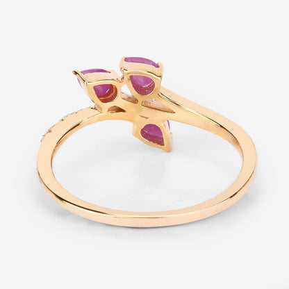0.60 Ct Pear Pink Ruby & Diamond Prong 14K Yellow Gold Pave Bypass Three Stone Ring