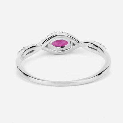 0.27 Ct Oval Pink Ruby & White Diamond Prong 14K White Gold Crossover Halo Ring