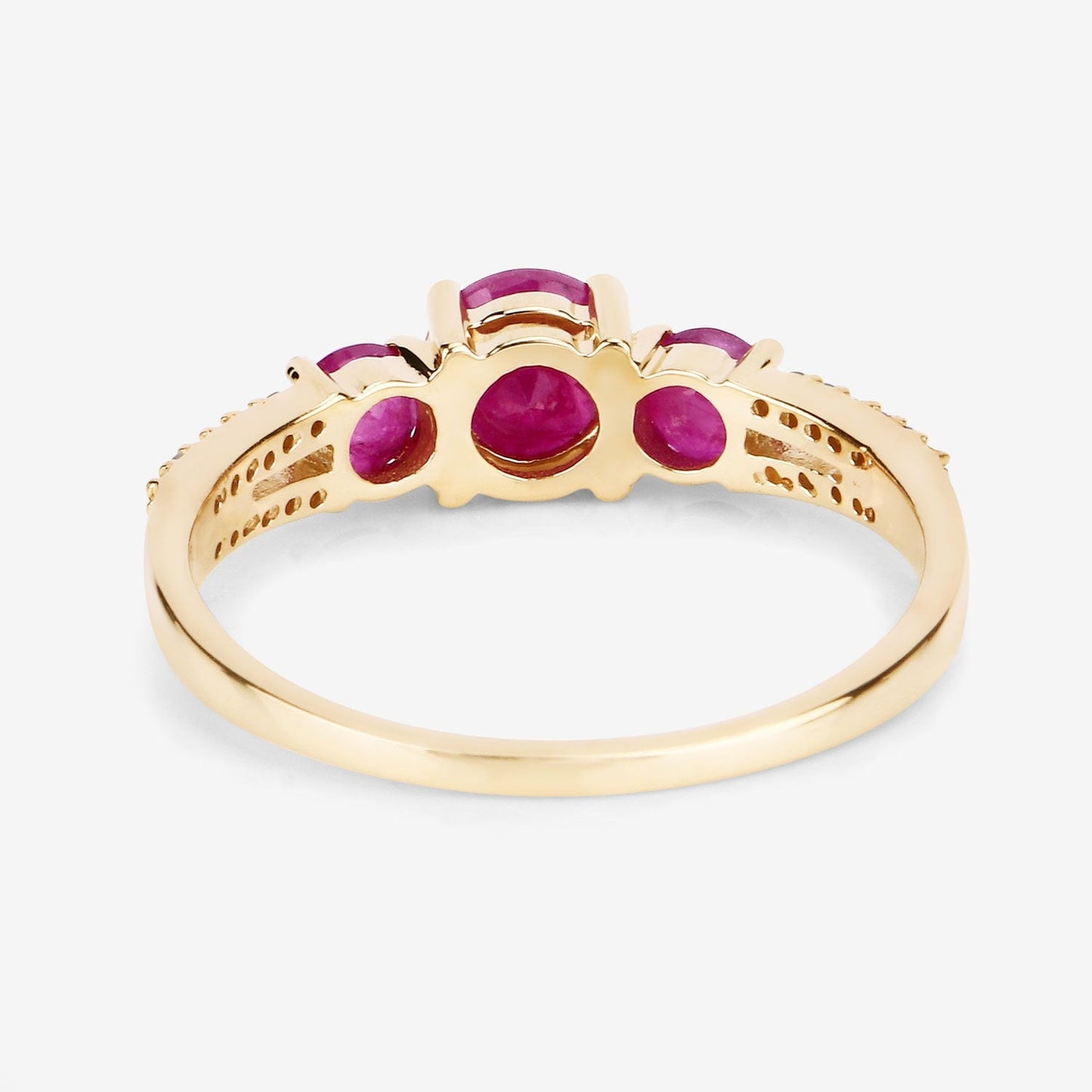 0.95 Ct Round Pink Ruby & Diamond Prong 14K Yellow Gold Pave Three Stone Split Shank Ring