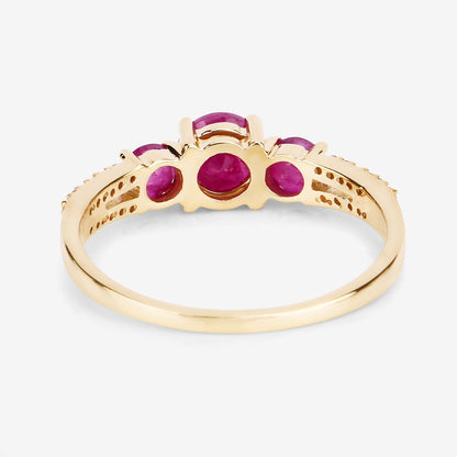 0.95 Ct Round Pink Ruby & Diamond Prong 14K Yellow Gold Pave Three Stone Split Shank Ring