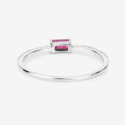 0.16 Ct Baguette Pink Ruby & Diamond Prong 14K White Gold Stackable Pave Ring