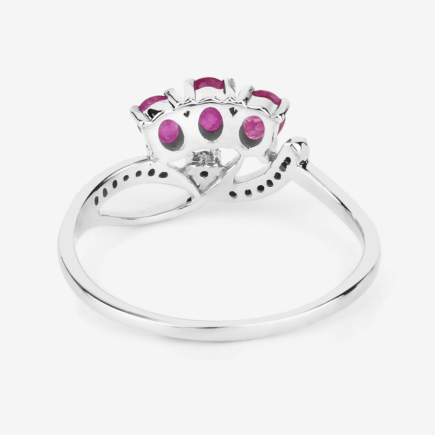 0.66 Ct Oval Pink Ruby & Diamond Prong 14K White Gold Pave Three Stone Knot Ring