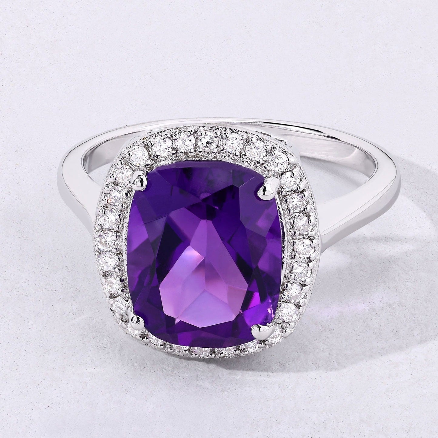 3.80 Ct Cushion Purple Amethyst & Lab Diamond Prong Silver Halo Bridge Ring