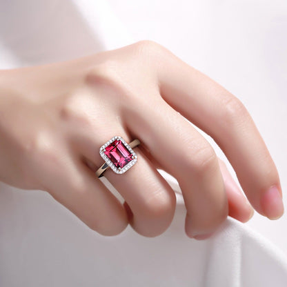 2.60 Ct Octagon Red Genuine Rubellite Diamond Prong 14K Gold Halo Ring
