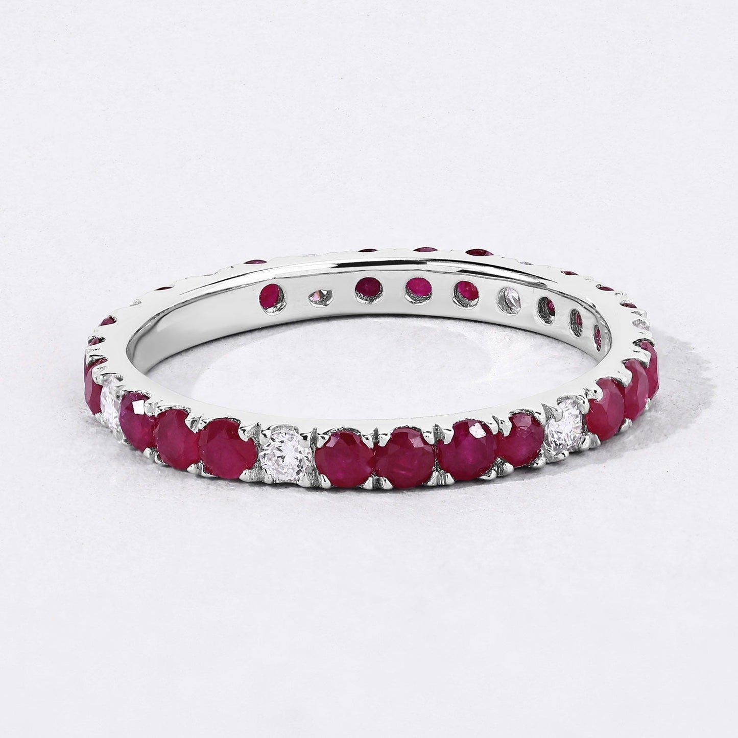 1.01 Ct Round Pink Mozambique Ruby and Lab Diamond Prong Silver Eternity Band Ring