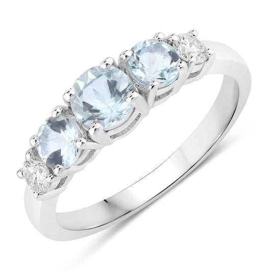 0.82 Ct Round Blue Aquamarine & Lab Diamond Prong Silver Five Stone Eternity Ring