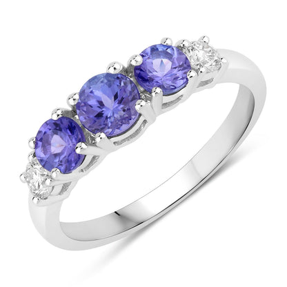 0.93 Ct Round Violet Tanzanite & Lab Diamond Prong Silver Five Stone Eternity Ring
